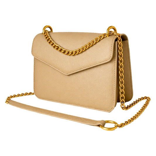 Sellenes MoonS Gold textured leather shoulder bag with a structured envelope silhouette and metallic chain strap, isolated on a white background.