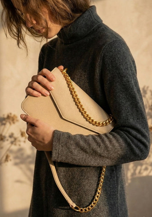 MoonS Gold - Sellenes luxury crossbody bag handccrafted in gold leather and gold plated chain