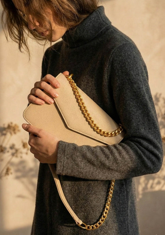 MoonS Gold - Sellenes luxury crossbody bag handcrafted in gold leather and gold plated chain