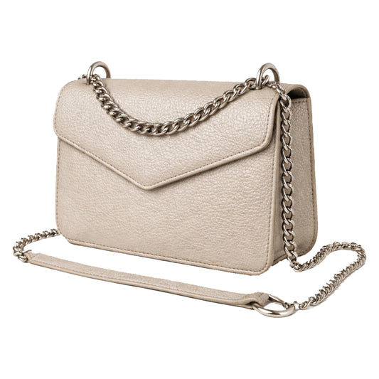 Sellenes MoonS Silver textured leather shoulder bag with a structured envelope silhouette and metallic silver chain strap