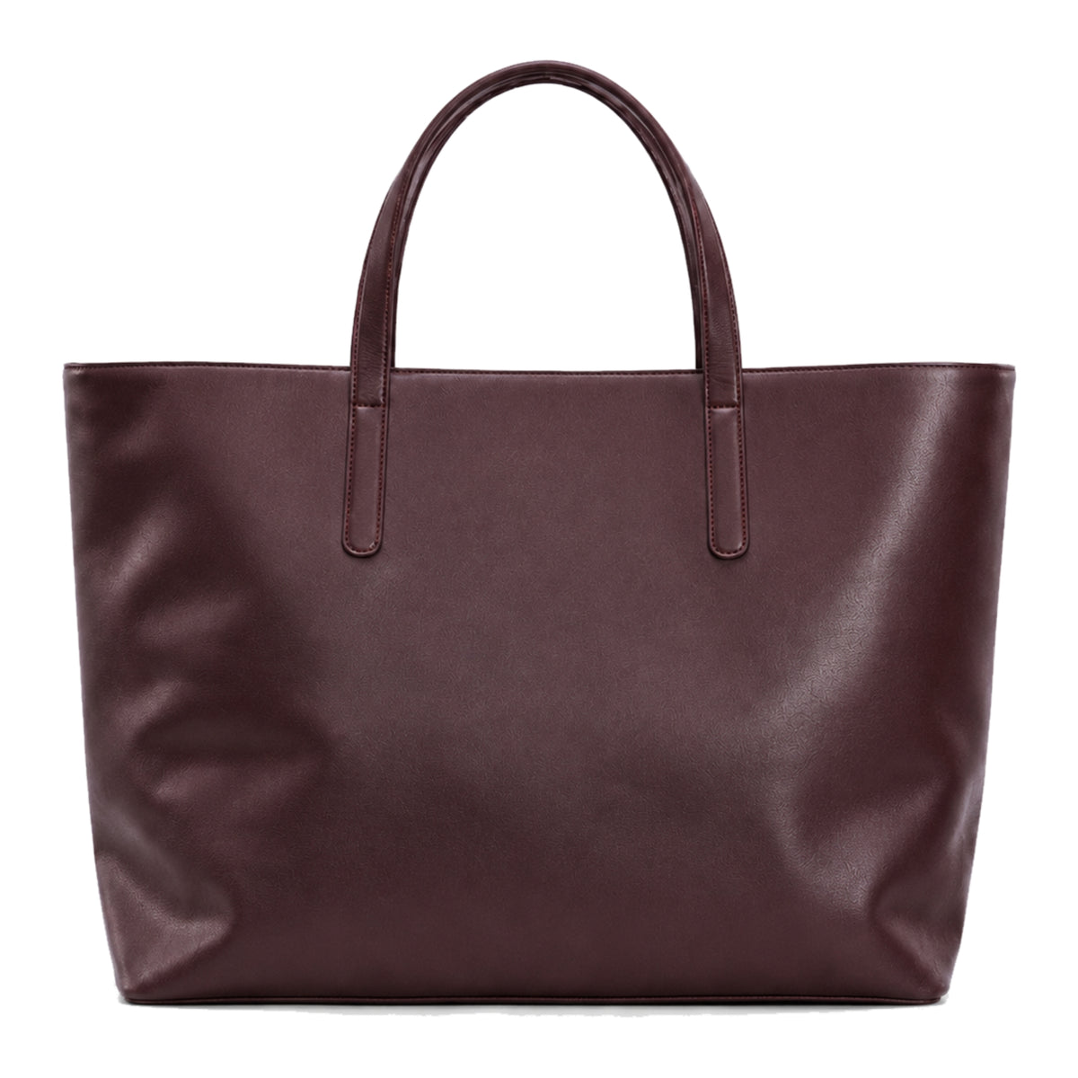 New Sole leather tote bag in a deep burgundy wine color, featuring two top handles and a structured rectangular shape, back view