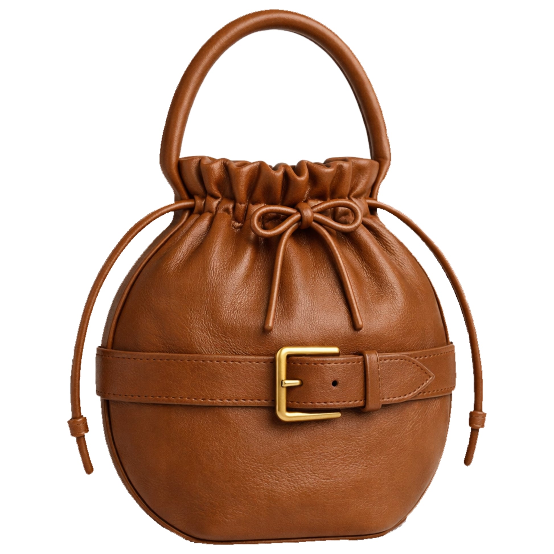Sellenes Roundy cognac brown leather handbag featuring a unique spherical shape,decorative central belt with a gold buckle, handcrafted in Europe in limited edition