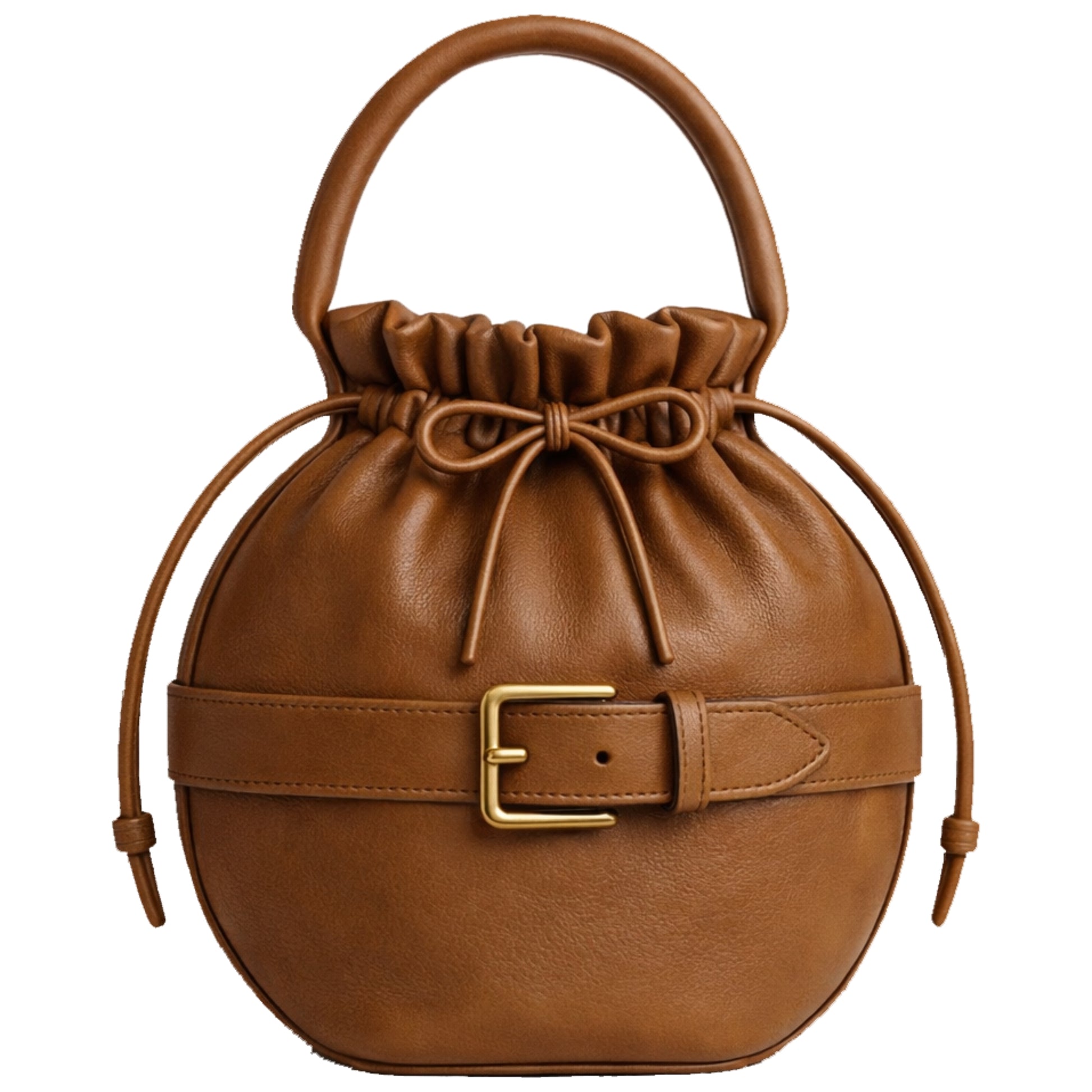 Sellenes Roundy cognac brown leather handbag featuring a unique spherical silhouette, drawstring top, and a decorative central belt with a gold buckle.