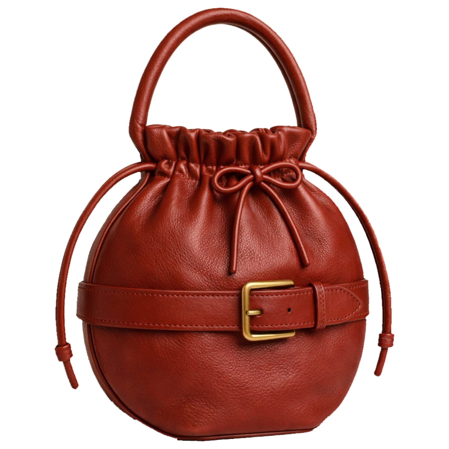 Sellenes Roundy deep red luxury leather mini bag with a round profile, drawstring closure, and gold hardware accents.