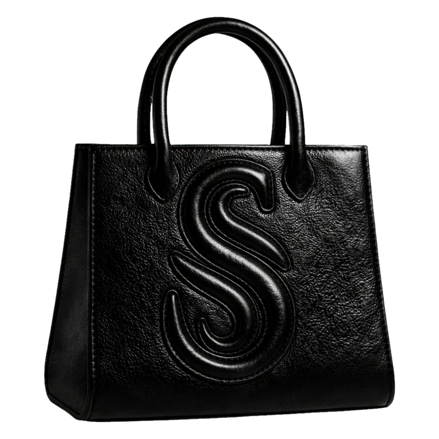 Sellenes Sally L black textured leather tote bag featuring a prominent embossed 'S' logo , handcrafted in Europe in limited series