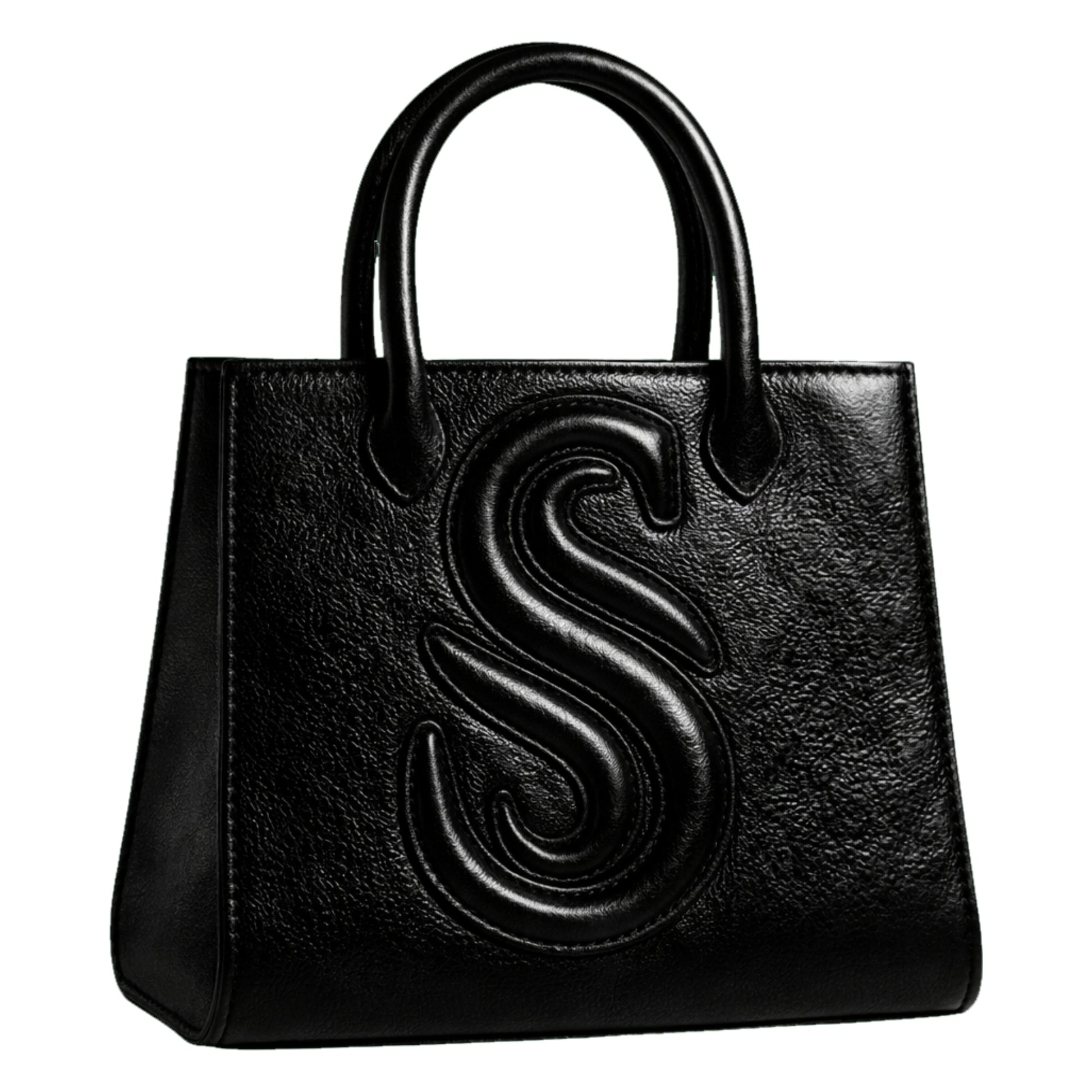 Sellenes Sally L black textured leather tote bag featuring a prominent embossed 'S' logo , handcrafted in Europe in limited series