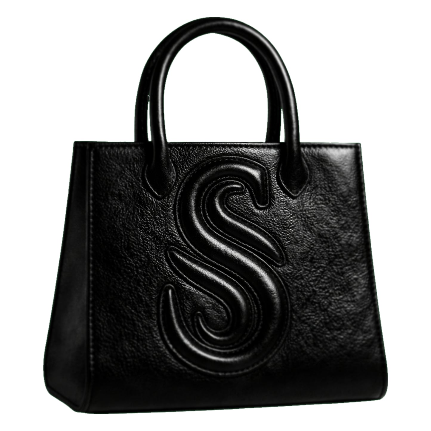 Sellenes Sally L black textured leather tote bag featuring a prominent embossed 'S' logo and structured top handles