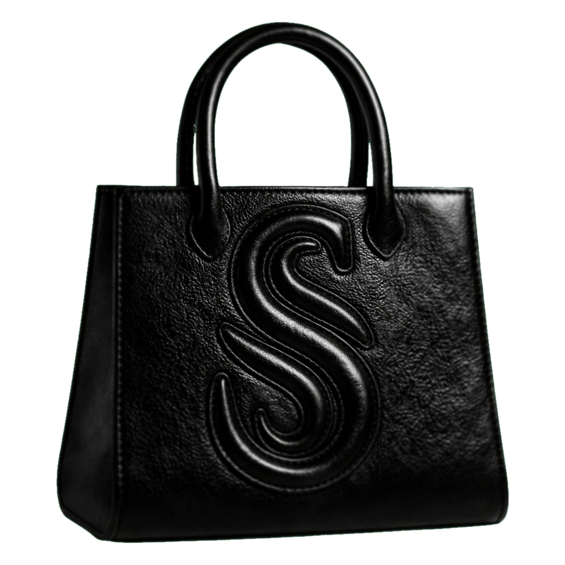 Sellenes Sally L black textured leather tote bag featuring a prominent embossed 'S' logo and structured top handles