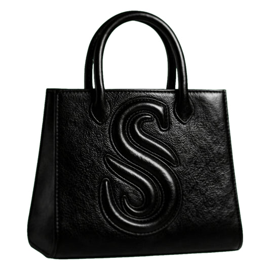 Sellenes Sally L black textured leather tote bag featuring a prominent embossed 'S' logo and structured top handles