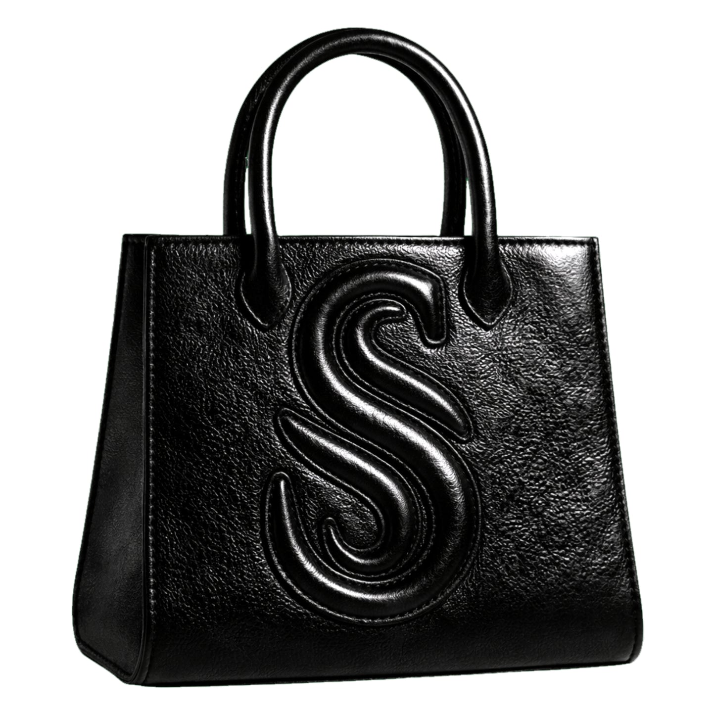 Sellenes Sally L black textured leather tote bag featuring a prominent embossed 'S' logo , handcrafted in Europe in limited series