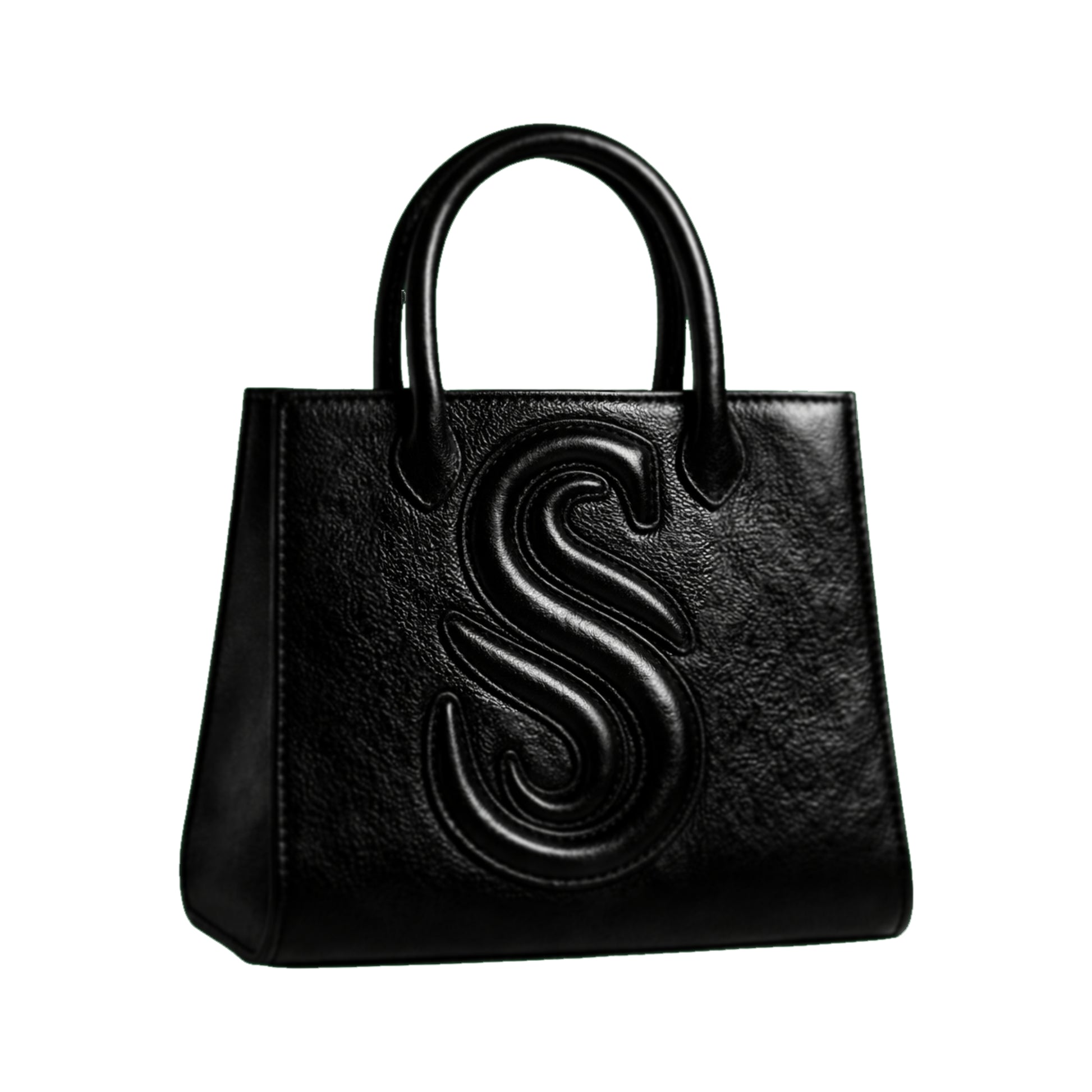 Sellenes Sally M black textured leather tote bag featuring a prominent embossed 'S' logo and structured top handles