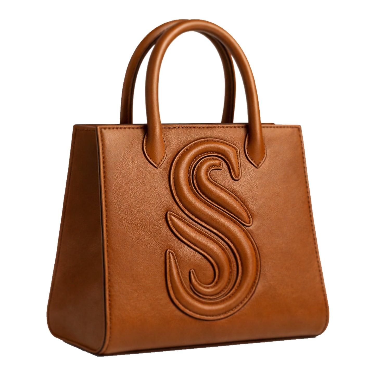 Sellenes Sally L cognac brown leather top-handle bag showcasing a raised 'S' monogram , handcrafted in Europe in limited edition