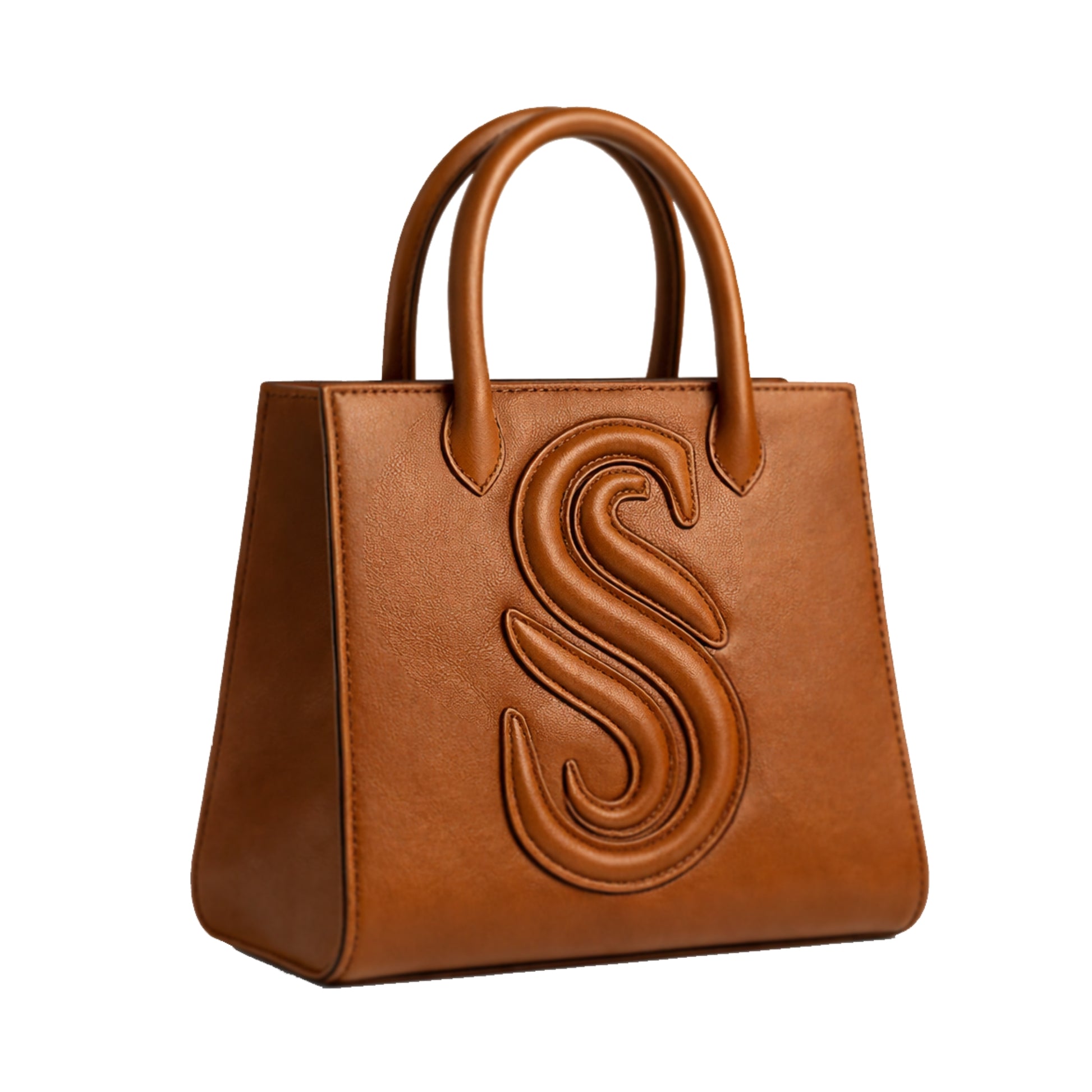 Sellenes Sally cognac brown leather top-handle bag showcasing a raised 'S' monogram , handcrafted in Europe in limited edition