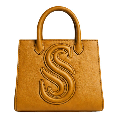 Sellenes Sally L soleil yellow textured leather tote bag featuring a prominent embossed 'S' logo , handcrafted in Europe in limited edition