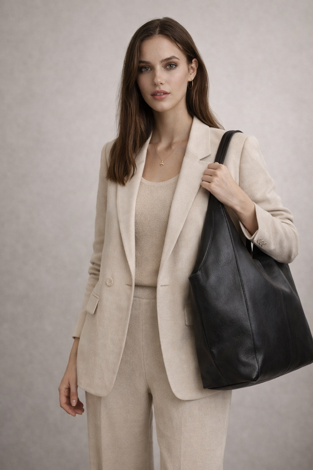 Sellenes The Tote large black leather shoulder bag with a relaxed silhouette, worn by a woman in a beige tailored blazer and matching trouser set.