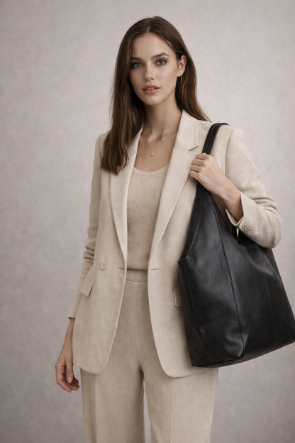 Sellenes The Tote large black leather shoulder bag with a relaxed silhouette, worn by a woman in a beige tailored blazer and matching trouser set.