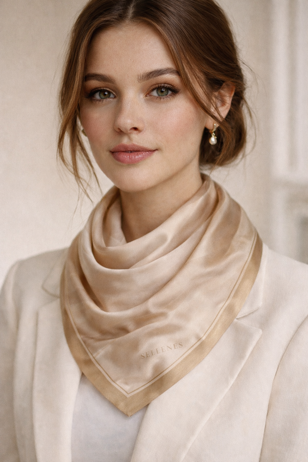 model wearing Sellenes Beige Scarf - silk luxury scarf