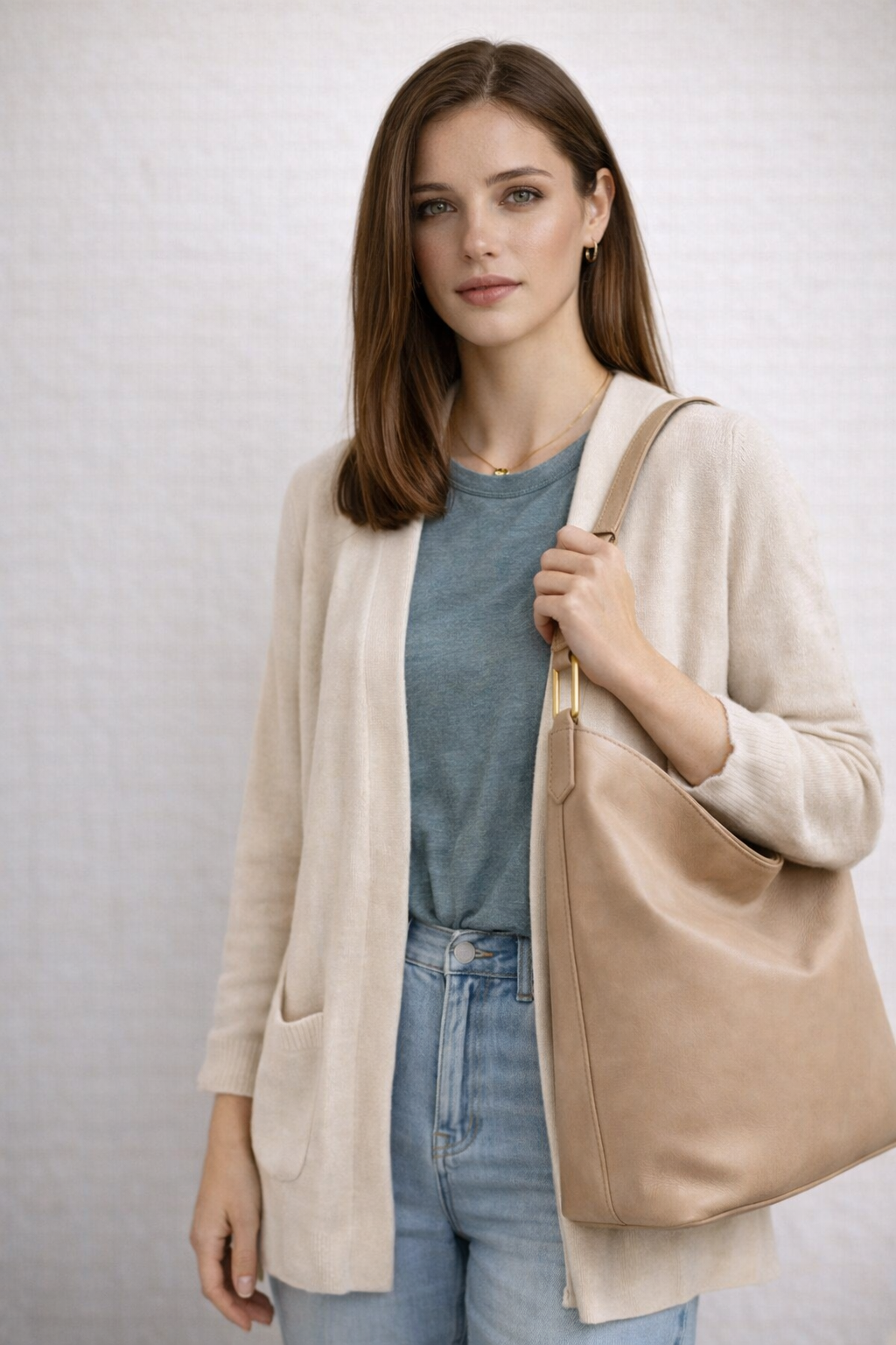 Sellenes DayIn tan smooth leather tote bag with gold rectangular strap hardware, worn over the shoulder by a woman in a beige cardigan and blue jeans.