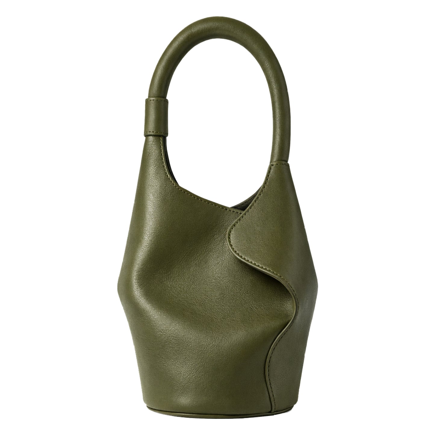 Sellenes The Bucket L olive green luxury leather handbag featuring a sculptural twisted silhouette and tall structured arch handle
