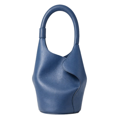 Sellenes The Bucket L petrol blue smooth leather bucket bag with a unique overlapping panel design and modern asymmetric shape.