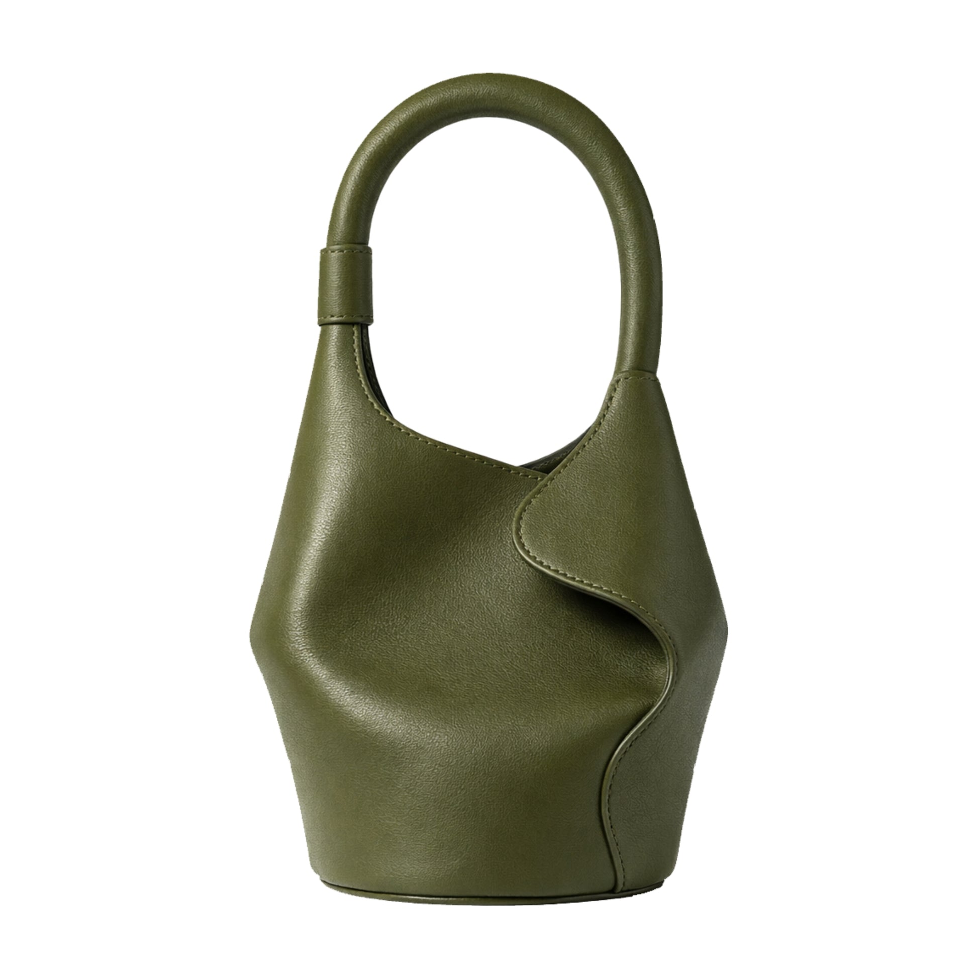 Sellenes The Bucket M olive green luxury leather handbag featuring a sculptural twisted silhouette and tall structured arch handle