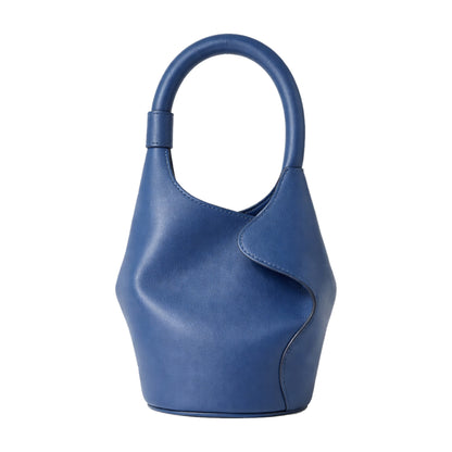 Sellenes The Bucket M petrol blue smooth leather bucket bag with a unique overlapping panel design and modern asymmetric shape.
