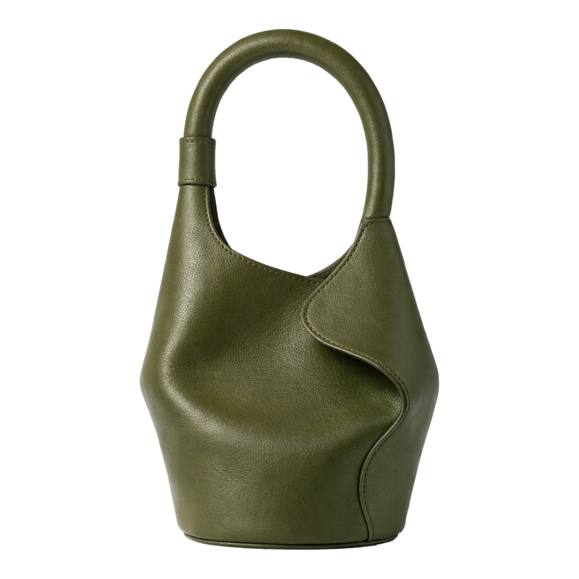 Sellenes The Bucket S olive green luxury leather handbag featuring a unique sculptural twisted silhouette and rounded top handle