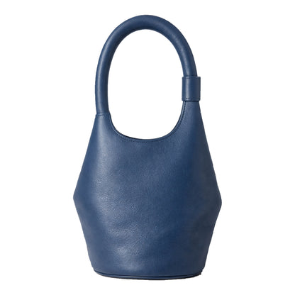 The Bucket S luxury Sellenes handbag, with architectural shape made in limited edition, blue leather back view