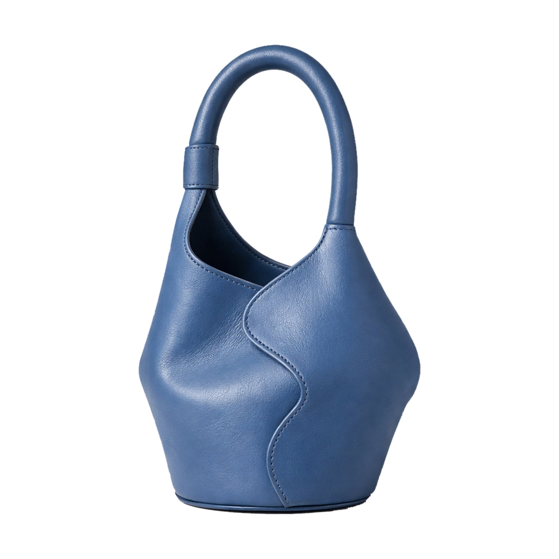 Sellenes The Bucket S blue leather bucket bag with structurated shape and smooth texture, handcrafted in Europe in limited edition