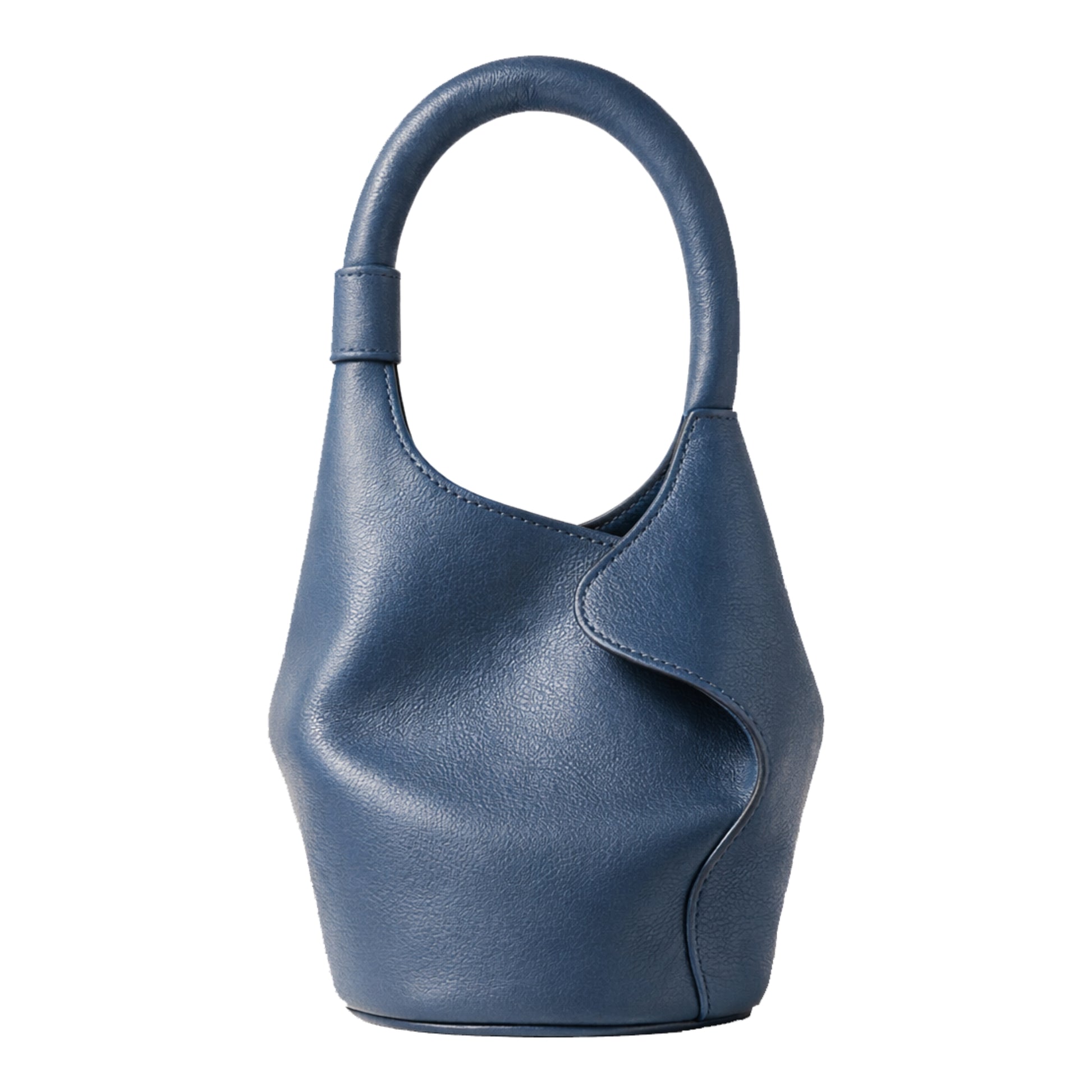 Sellenes The Bucket S blue leather mini bucket bag with an asymmetric curved design and structured arch handle.