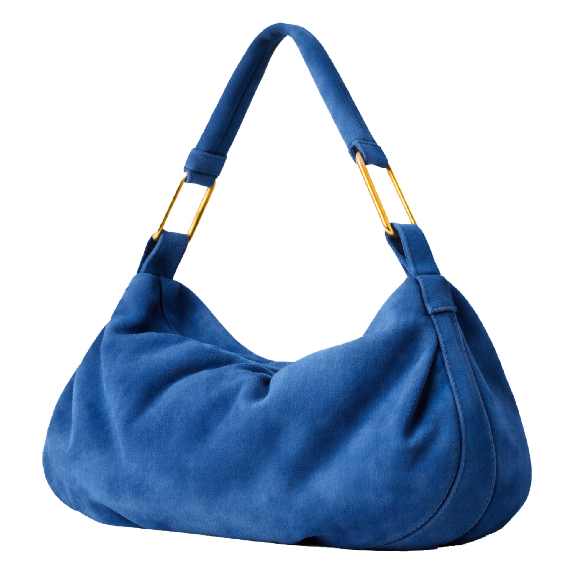 Luxury Hobo Bag by Sellenes made of blue premium suede leather, with gold plated hardwear, handcrafted in Europe