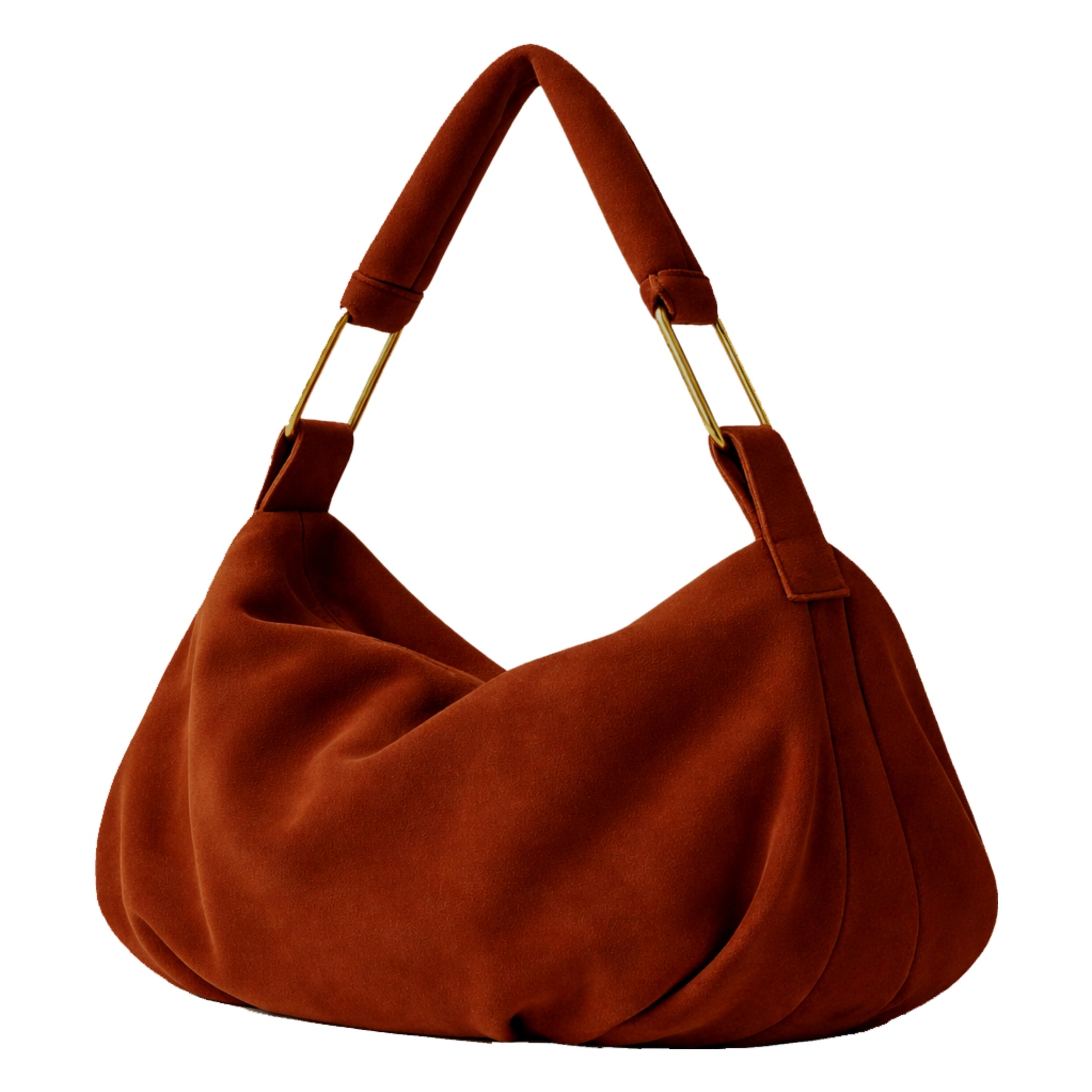 Luxury Hobo Bag by Sellenes made of rust premium suede leather, with gold plated hardwear, handcrafted in Europe