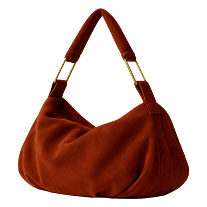 Luxury Hobo Bag by Sellenes made of rust premium suede leather, with gold plated hardwear, handcrafted in Europe