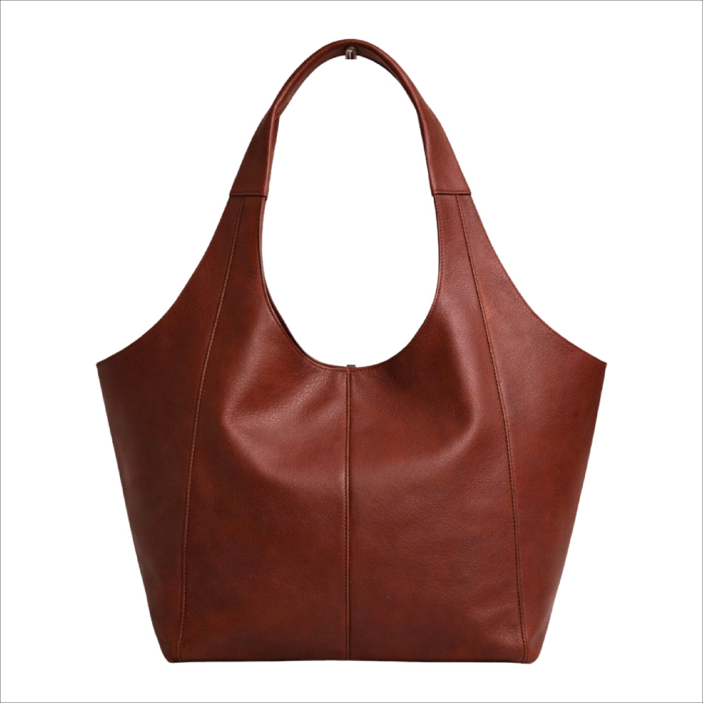Sellenes The Tote reddish leather tote bag with a wide integrated handle and spacious design, isolated on a white background.