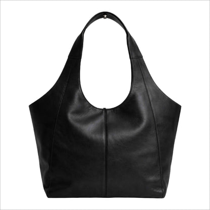 Sellenes The Tote large black leather shoulder bag with a minimalist curved silhouette and vertical center seam, isolated on a white background