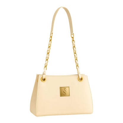 Thea Beige handbag with gold chain strap and gold plated logo Sellenes