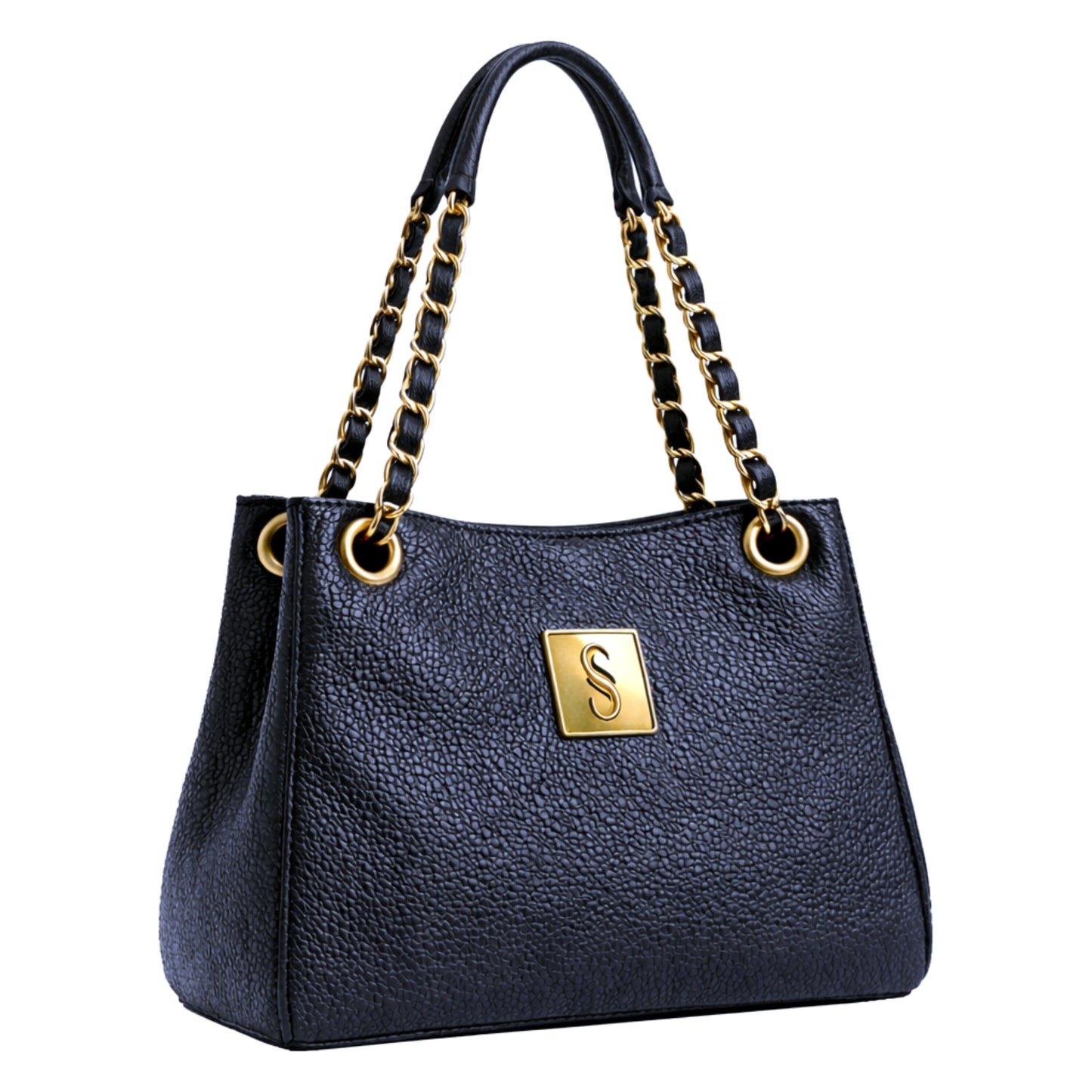 Sellenes Thea premium black leather handbag showcasing its luxury gold-plated square logo plate and textured pebble-grain finish. The elegant rectangular design is paired with a gold-tone chain strap and leather handle for a sophisticated designer look.