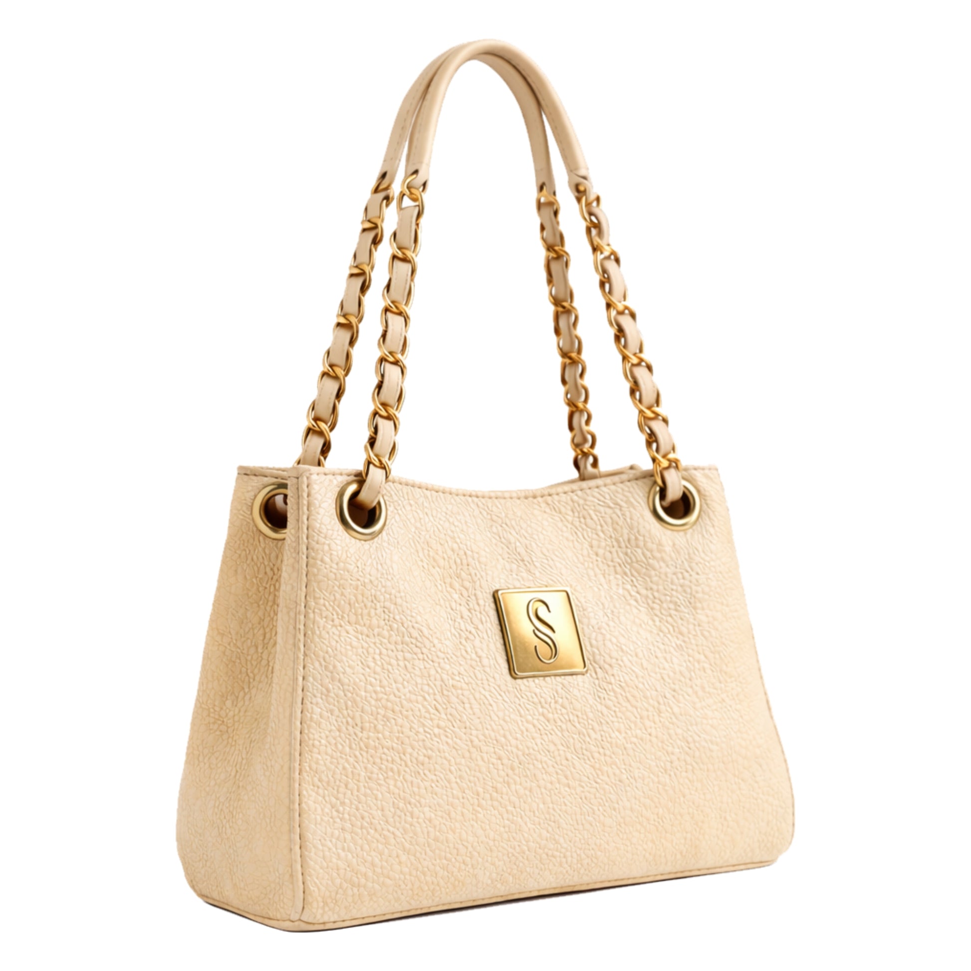 Sellenes Thea luxury white pebble-grain leather handbag featuring a signature gold-plated plate accessory with a stylized 'S' logo. The side-profile view highlights the structured silhouette, gold-tone chain straps with leather padding, and polished metallic grommets.