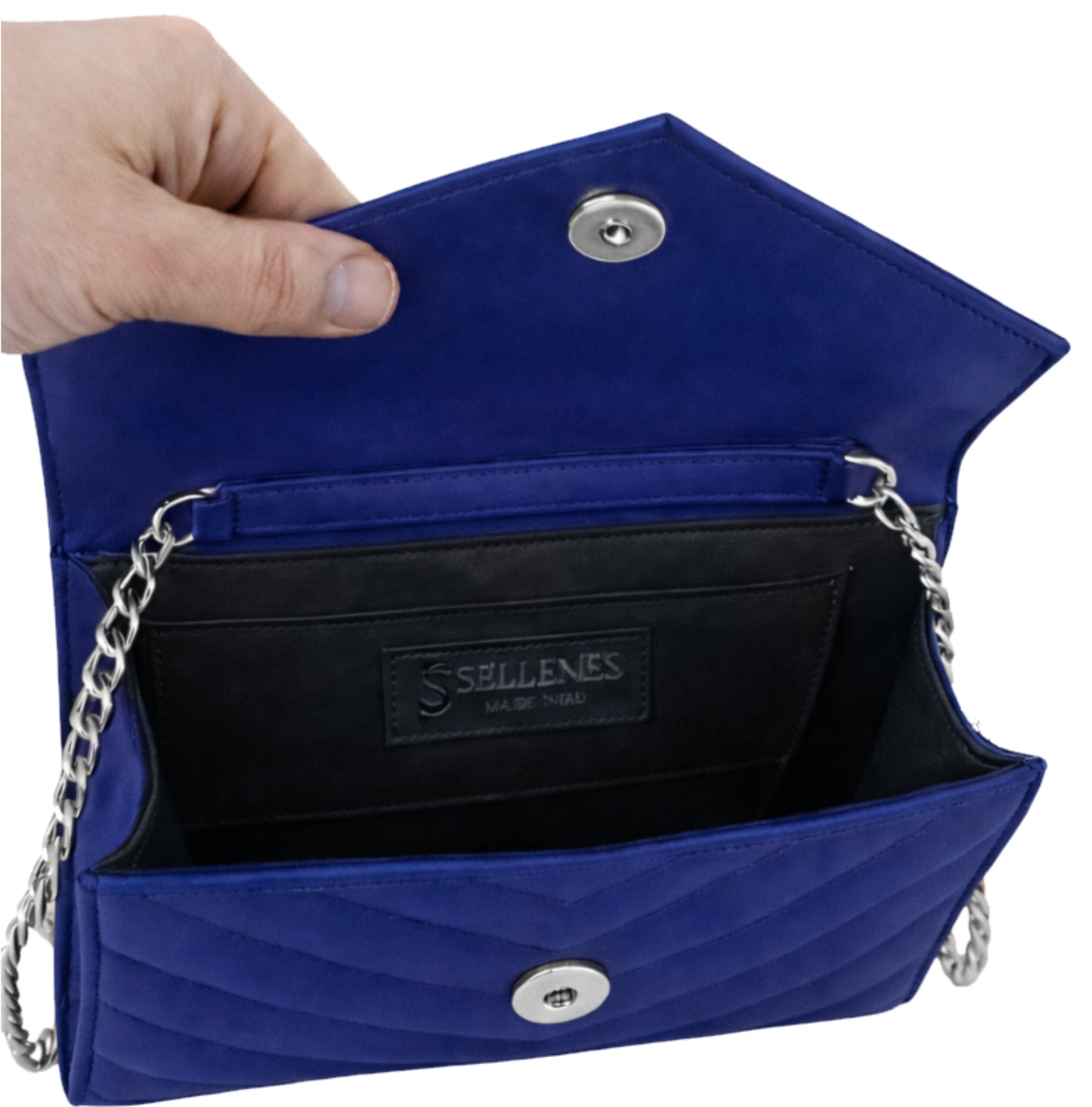Val Black silver leather clutch by sellenes innside view