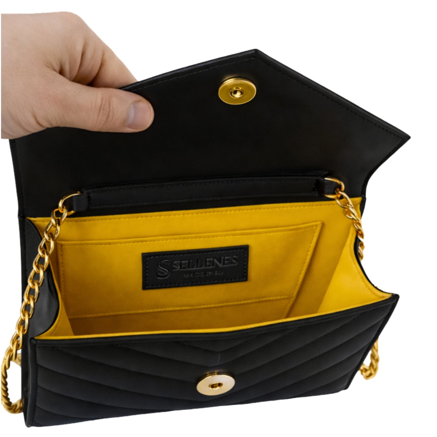 Val Clutch Black&Gold Inside View. Perfect detailed inside of Val Clutch