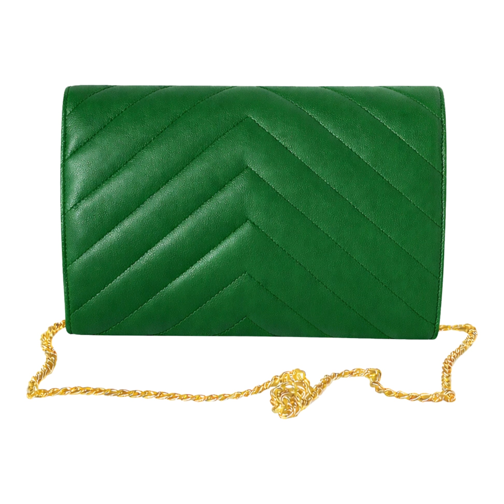 Green quilted handbag with gold chain Sellenes summer edition green leather clutch