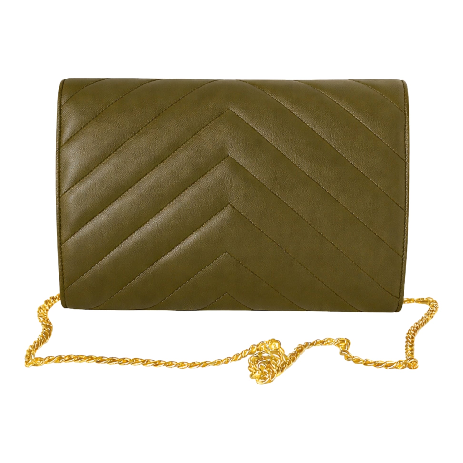 Val Summer Clutch olive leather with golden accesories chevron stitches  back view Sellenes summer edition