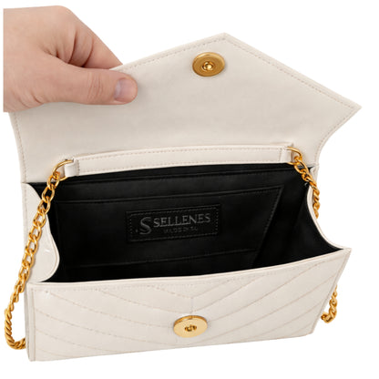 Val White Clutch with golden chain inside view with black lambskin leather lining