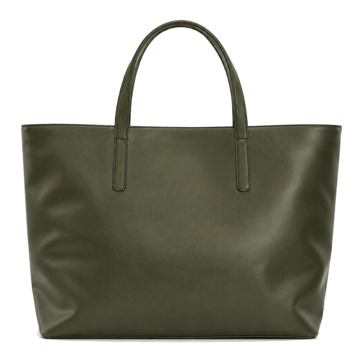 New Sole - olive green nappa leather tote bag with dual top handles and a debossed 'SELLENES' logo on the front, back view