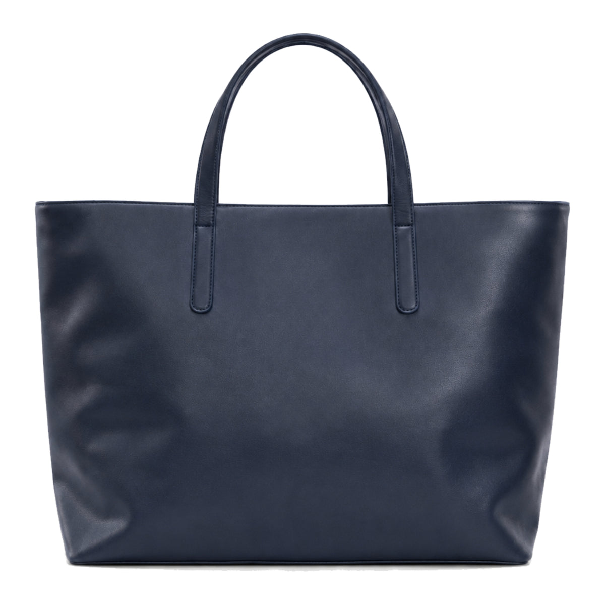 New Sole - A dark navy blue leather tote bag with two top handles,back view