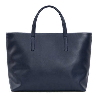 New Sole - A dark navy blue leather tote bag with two top handles,back view